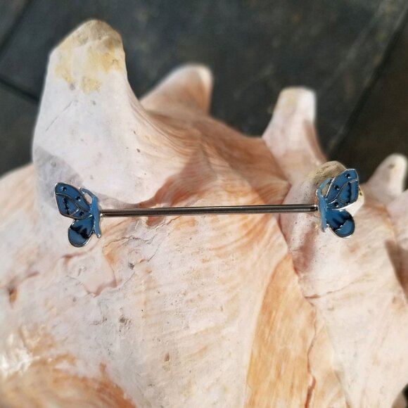 Blue Butterfly Wings Industrial Barbell 14G Stainless Steel Externally Threaded - Picture 1 of 1